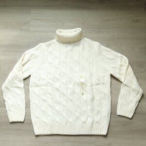 NWT PIOMBO Mens cable knit sweater turtleneck cream white wool Large preppy fall